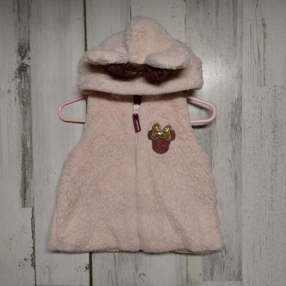 Disney Junior 12 months Pink Fuzzy Hooded Minnie Vest With Ears - Picture 1 of 11